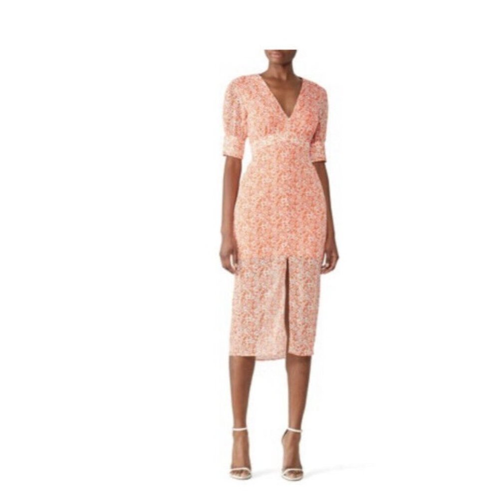 The East Order Womens Orange Floral V‎ Neck Peaches Midi Dress Size Medium